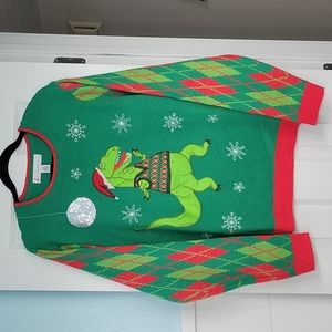 Disco dancing T-Rex Dinosaur ugly Christmas sweater with argyle sleeves!